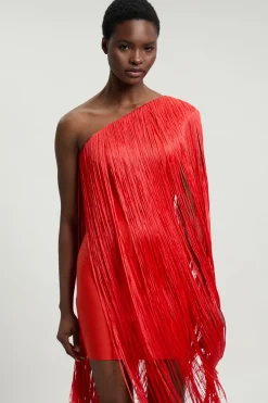 Robe Mini Moulante Bandage Une Épaule à Franges en Maille