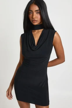Robe Mini Moulante à Décolleté Plongeant avec Détail Foulard