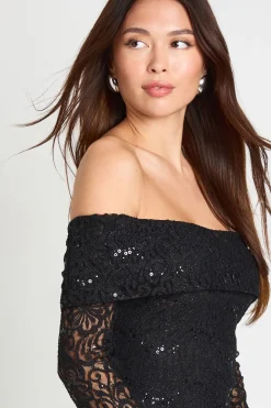 Robe Mini Moulante À Dentelle Pailletée Et Encolure Bardot