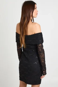 Robe Mini Moulante À Dentelle Pailletée Et Encolure Bardot