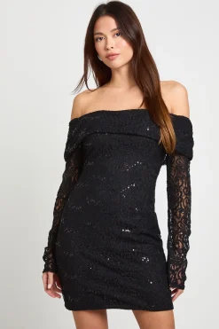Robe Mini Moulante À Dentelle Pailletée Et Encolure Bardot