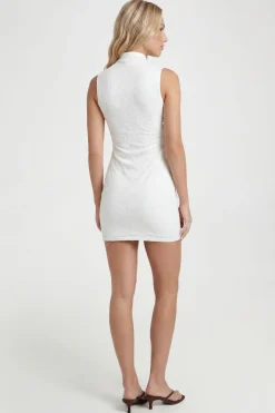 Robe Mini Moulante En Dentelle À Col Montant Avec Détail Bouton