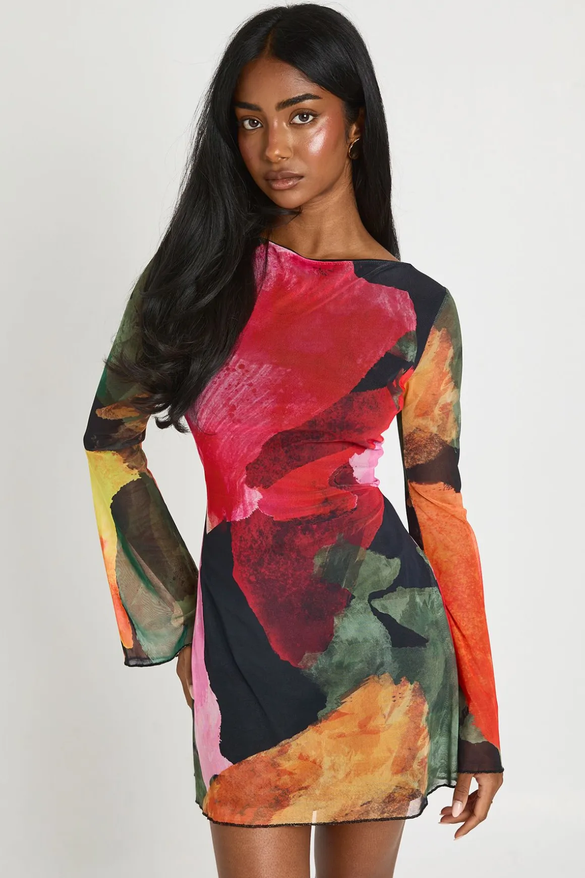 Robe Mini Moulante En Mesh À Imprimé Floral Et Manches Évasées