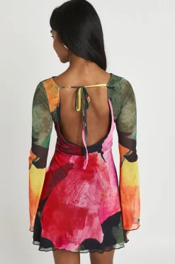 Robe Mini Moulante En Mesh À Imprimé Floral Et Manches Évasées