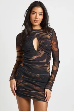 boohoo Robe Mini Moulante en Résille Imprimé Animal avec Découpe<Femme Robes Moulantes|Robes À Manches Longues
