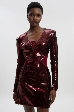 KarenMillen Robe Mini Moulante à Lacets en Résille Pailletée pour Grandes Tailles<Femme Satin Et Dentelle|Robes À Manches Longues