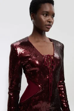 KarenMillen Robe Mini Moulante à Lacets en Résille Pailletée pour Grandes Tailles<Femme Satin Et Dentelle|Robes À Manches Longues