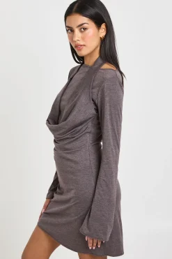 Robe Mini Moulante à Manches Longues et Col Bénitier Chiné