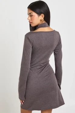 Robe Mini Moulante à Manches Longues et Col Bénitier Chiné