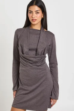 Robe Mini Moulante à Manches Longues et Col Bénitier Chiné