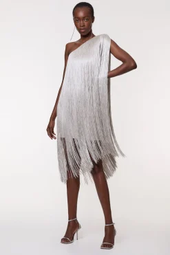 Robe Mini Moulante Petite Taille À Bandage Asymétrique Avec Franges Tricotée