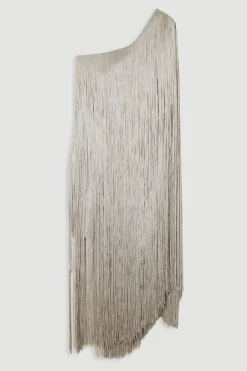 Robe Mini Moulante Petite Taille À Bandage Asymétrique Avec Franges Tricotée