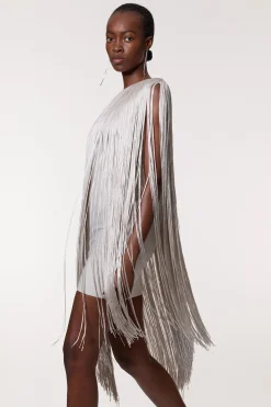 Robe Mini Moulante Petite Taille À Bandage Asymétrique Avec Franges Tricotée