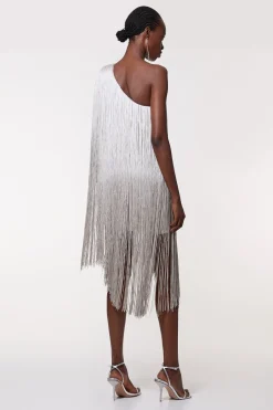 Robe Mini Moulante Petite Taille À Bandage Asymétrique Avec Franges Tricotée
