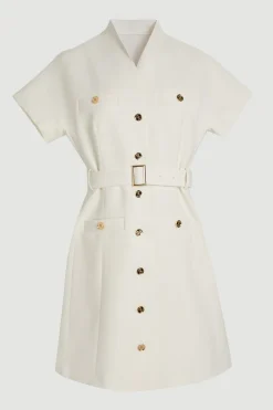Robe Mini Moulante Texturée À Col Montant Avec Ceinture