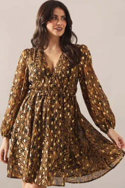 Robe Mini Métallisée à Manches Bouffantes Imprimée