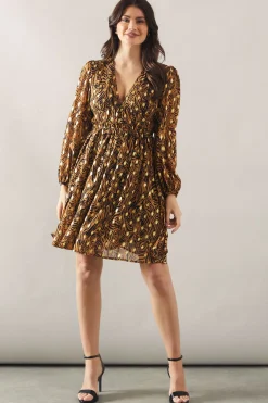 Robe Mini Métallisée à Manches Bouffantes Imprimée