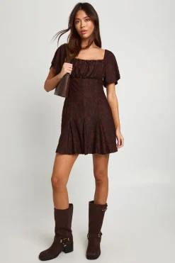 Robe Mini à Ourlet Godet et Imprimé Floral Dévoré