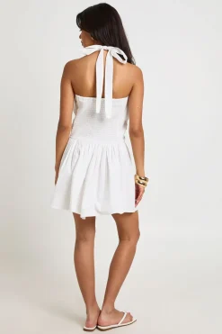 Robe Mini Patineuse En Popeline De Coton À Col Licou Avec Fronces Centrales