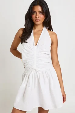 Robe Mini Patineuse En Popeline De Coton À Col Licou Avec Fronces Centrales