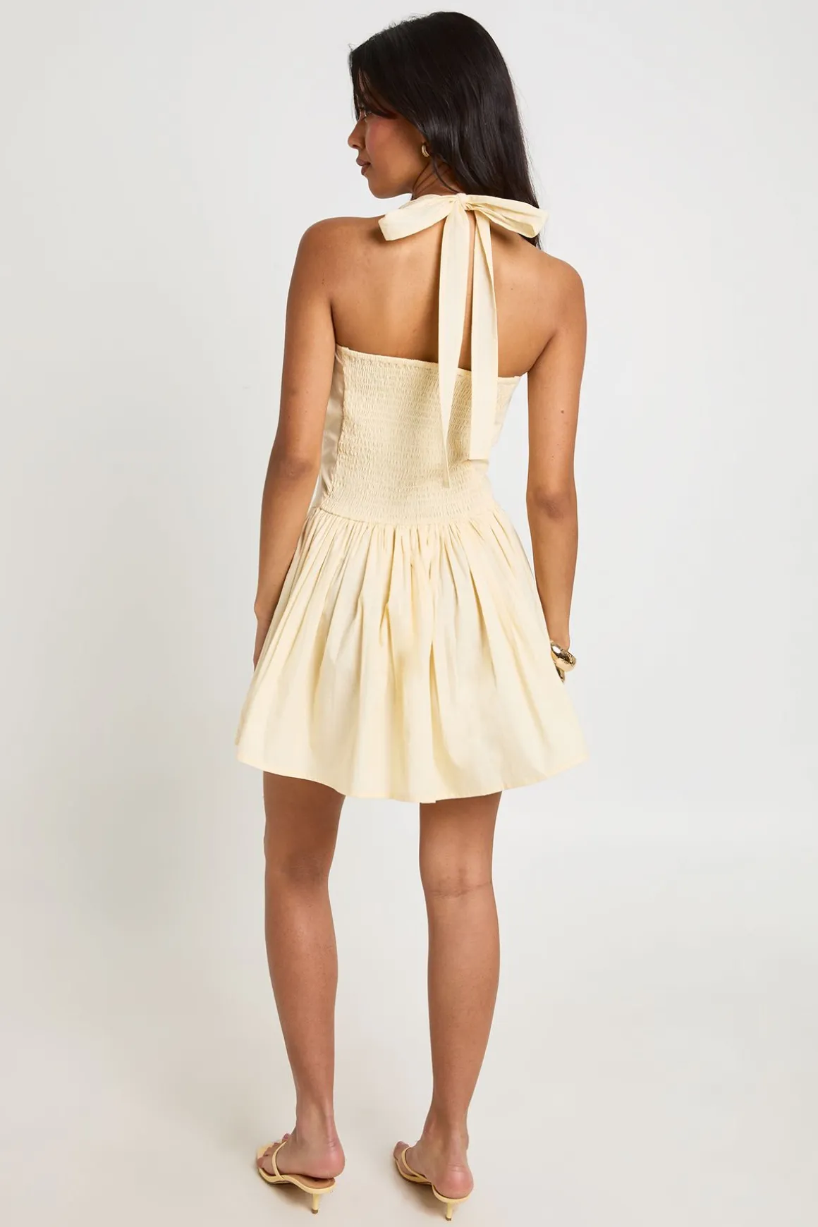 Robe Mini Patineuse En Popeline De Coton Avec Encolure Dos-nu Et Fronces Centrales