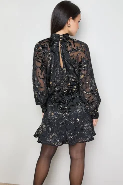 Robe Mini Petite à Col Montant Motif Floral Métallisé Dévoré