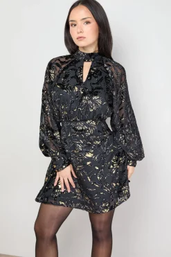 Robe Mini Petite à Col Montant Motif Floral Métallisé Dévoré