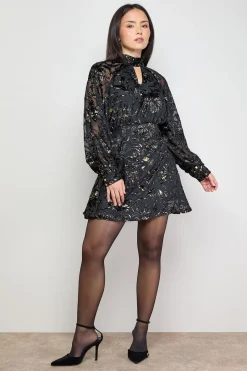 Robe Mini Petite à Col Montant Motif Floral Métallisé Dévoré
