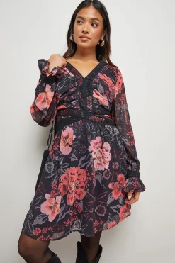Robe Mini Petite à Col V Froncé avec Imprimé et Finitions en Dentelle