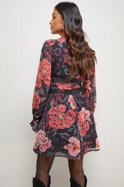 Robe Mini Petite à Col V Froncé avec Imprimé et Finitions en Dentelle