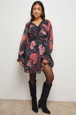Robe Mini Petite à Col V Froncé avec Imprimé et Finitions en Dentelle