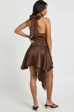 Robe Mini Petite en Satin Texturé à Col Drapé