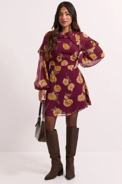 Dorothy Perkins Robe Mini Petite Marron à Détails Volantés et Manches Bouffantes<Femme Toutes Les Robes|Robes À Manches Longues