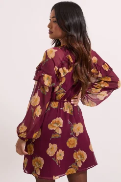 Dorothy Perkins Robe Mini Petite Marron à Détails Volantés et Manches Bouffantes<Femme Toutes Les Robes|Robes À Manches Longues