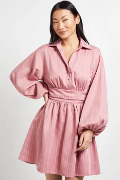 Dorothy Perkins Robe Mini Petite à Rayures Fines avec Col Détaillé et Taille Froncée<Femme Toutes Les Robes|Robes À Manches Longues