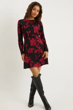Dorothy Perkins Robe Mini Petite Rouge Florale à Manches Bouffantes Ajustée et Évasée<Femme Robes À Manches Longues|Robes