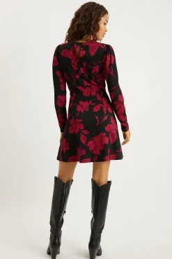 Dorothy Perkins Robe Mini Petite Rouge Florale à Manches Bouffantes Ajustée et Évasée<Femme Robes À Manches Longues|Robes