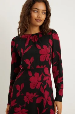 Dorothy Perkins Robe Mini Petite Rouge Florale à Manches Bouffantes Ajustée et Évasée<Femme Robes À Manches Longues|Robes