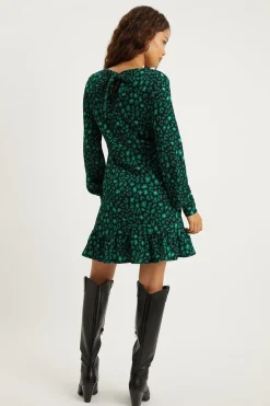 Robe Mini Petite Verte à Imprimé Léopard avec Ourlet à Volants