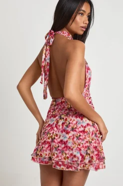 boohoo Robe Mini Plissée En Mousseline Fleurie<Femme Robes Patineuses|Robes