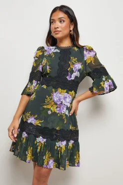 Oasis Robe Mini Plissée à Finitions Dentelle Imprimée Petite<Femme Satin Et Dentelle|Robes
