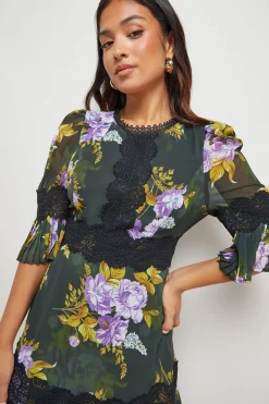 Oasis Robe Mini Plissée à Finitions Dentelle Imprimée Petite<Femme Satin Et Dentelle|Robes