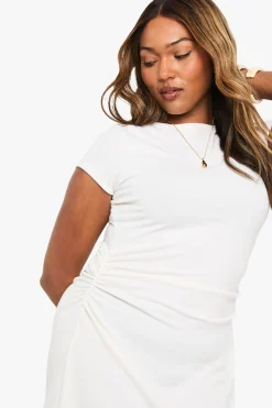Robe Mini Plus à Côtes avec Manches Cap et Fronces