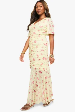 boohoo Robe mini Plus en maille florale froncée à manches d'ange<Femme Toutes Les Robes|Robes Longues