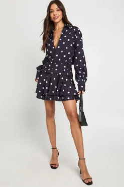 boohoo Robe mini à pois avec fronces sur le devant<Femme Pois|Robes À Manches Longues