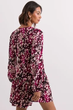 Robe Mini Portefeuille Bordeaux à Détail Couture Tombante Motif Animal