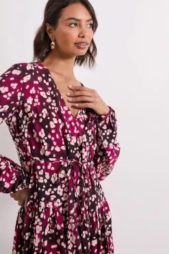 Robe Mini Portefeuille Bordeaux à Détail Couture Tombante Motif Animal