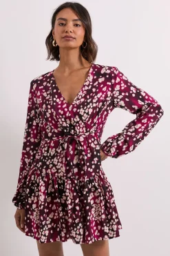 Robe Mini Portefeuille Bordeaux à Détail Couture Tombante Motif Animal