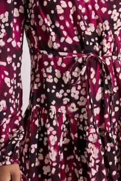 Robe Mini Portefeuille Bordeaux à Détail Couture Tombante Motif Animal