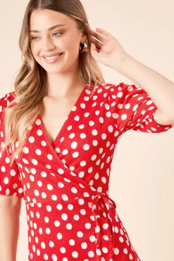 Robe Mini Portefeuille en Jersey à Manches Bouffantes et Motif Pois